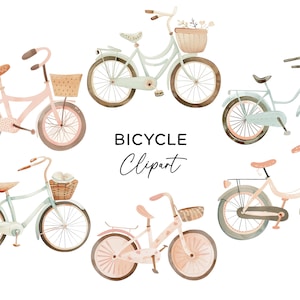 Fiets clipart bundel, vintage retro strandcruiser met manden in pastel, aquarel fietsen PNG voor uitnodigingen Wall Art digitale download