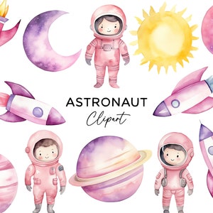 Paquete de imágenes prediseñadas de astronauta, acuarela chica rosa espacio galaxia cohete nave PNG para invitaciones decoración de vivero descarga digital uso comercial