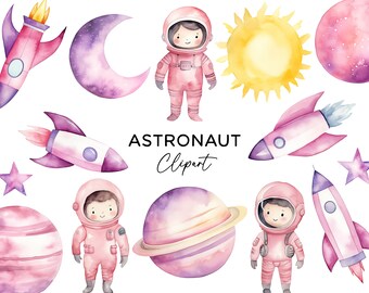 May include: Watercolor clipart set featuring an astronaut, rockets, planets, stars, and a sun. The astronaut is wearing a pink spacesuit and has a pink helmet. The rockets are pink and purple with white flames. The planets are pink and purple with white rings. The stars are yellow and pink. The sun is yellow with orange rays.