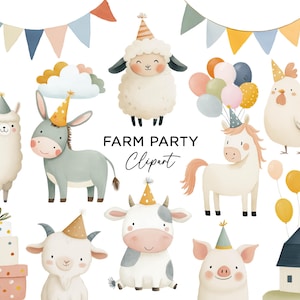 Puede incluir: Ilustración en acuarela de una fiesta en la granja con varios animales, incluyendo una llama, un burro, una oveja, una vaca, un cerdo y un caballo, todos con sombreros de fiesta. La imagen incluye globos, un granero y el texto "FARM PARTY Clipart".