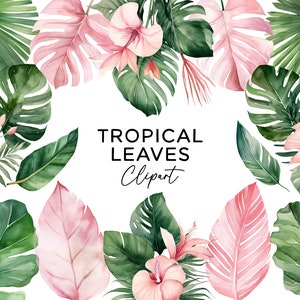 Pacote de clipart de folhas tropicais, aquarela Monstera Botanical Graphics Verde e Rosa Folhas de palmeira Download digital PNG para convites de casamento
