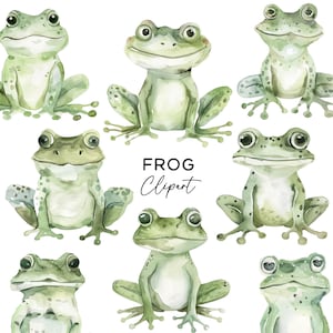 Ensemble de cliparts grenouille, PNG graphique en téléchargement numérique aquarelle lunatique heureux grenouille verte crapaud dessin animé mignon usage Commercial