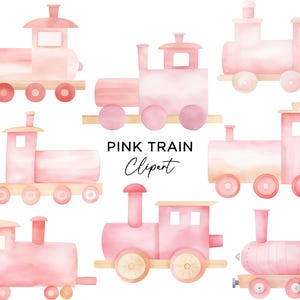 Zug Clipart Bundle, PNG Download Aquarell rosa Vintage klassische Holzspielzeug Züge für Kinder Einladungen Kinderzimmer Wandkunst Kommerzielle Nutzung