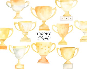 Trophy Clipart Bundle, PNG Graphics Digital Download Watercolor Golden Trophies Winner Awards Commercial Use Trophy Clip Art