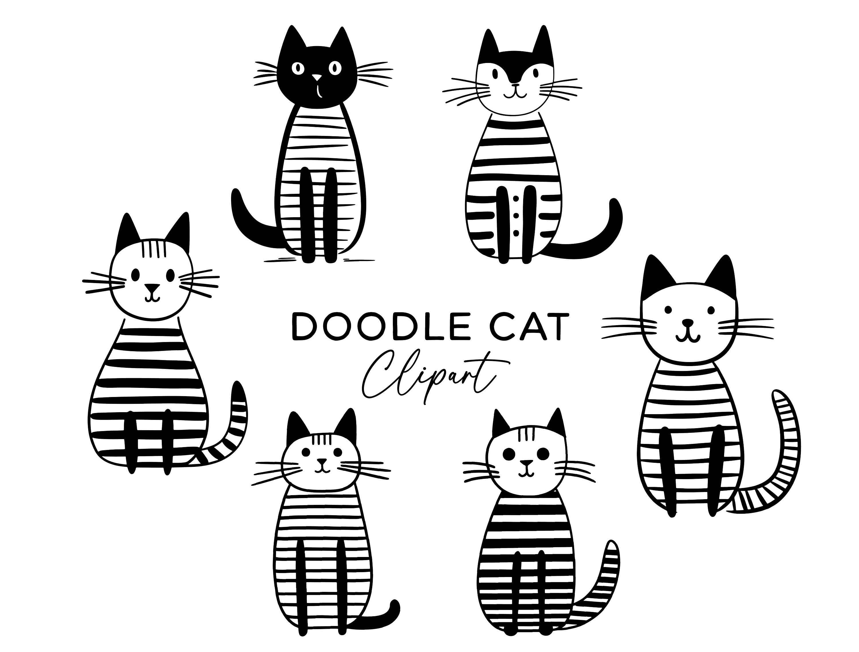 Cat Doodle Clipart Bundle, Hand Drawn Black & White Kitty PNG and SVG ...