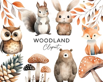Woodland Animals Watercolor Clipart, Forest PNG Bundle Cute Fox Bear Squirrel Rabbit Owl Commercial Use Nursery Clip Art for Invitations