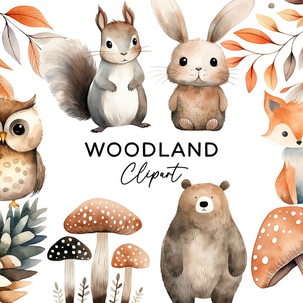 Woodland Animals Watercolor Clipart, Forest PNG Bundle Cute Fox Bear Squirrel Rabbit Owl Commercial Use Nursery Clip Art for Invitations