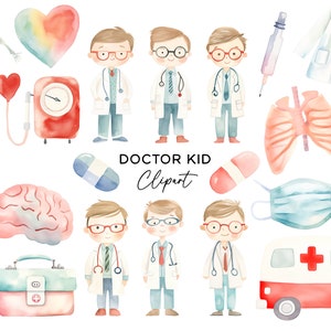 Zestaw clipartów dla lekarzy, cyfrowe pobieranie PNG Akwarela Medyczny Dentysta Pielęgniarka Ambulans Chłopcy Dzieci Komercyjne użycie Clipart na zaproszenia