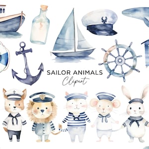 Sailor Tier Clipart Bundle, PNG Digital Download Aquarell Sailor Anker Boot Kapitän Kinder Einladungen Kinderzimmer Wandkunst Kommerzielle Nutzung