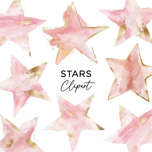 Paquete de imágenes prediseñadas de estrellas - Acuarela rosa y oro lámina estrellas PNG gráficos para niños invitaciones vivero pared arte descarga digital uso comercial