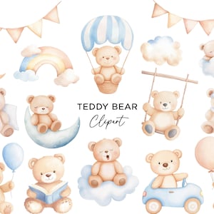 Può includere: Illustrazioni ad acquerello di orsetti in varie pose, tra cui mongolfiera, altalena e auto. Altri elementi includono un arcobaleno, una luna, nuvole e ghirlande. È presente anche il testo "TEDDY BEAR CLIPART".