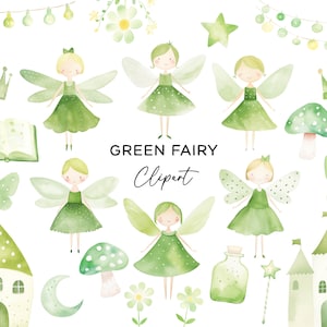 Watercolor Fairy Clipart, Enchanted Forest Fairy Tale Graphics Nursery Clipart Baby PNG Files Magical Green Fairies for Commercial Use