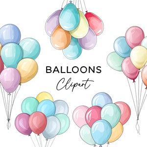 Bundle de cliparts ballon, aquarelle pastel coloré ballons de fête fichiers PNG - téléchargement numérique pour faire-parts autocollants Scrapbooking
