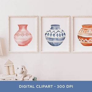 May include: Three watercolour illustrations of decorative pottery with geometric patterns. The pottery is in shades of pink, blue, and orange.