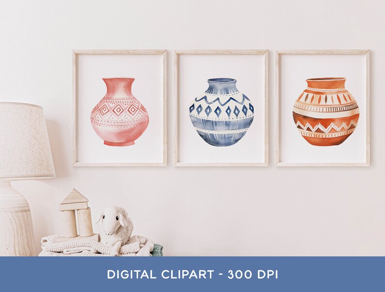 May include: Three watercolour illustrations of decorative pottery with geometric patterns. The pottery is in shades of pink, blue, and orange.
