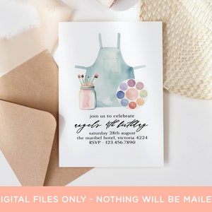 May include: A watercolor illustration of an artist's apron, paintbrushes in a jar, and a paint palette. The invitation reads "Join us to celebrate Engel's 4th Birthday, Saturday 28th August, The Maribel Hotel, Victoria 4224, RSVP 123.456.7890".