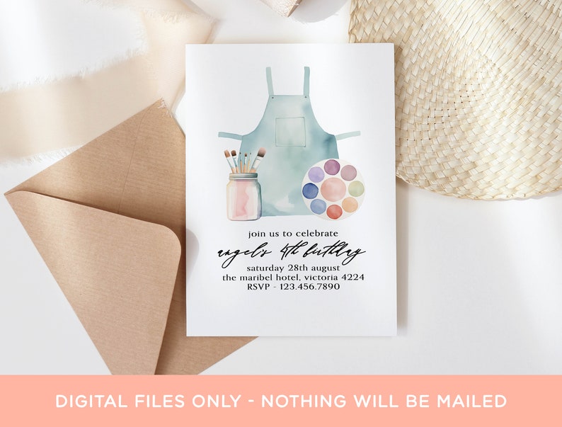May include: A watercolor illustration of an artist's apron, paintbrushes in a jar, and a paint palette. The invitation reads "Join us to celebrate Engel's 4th Birthday, Saturday 28th August, The Maribel Hotel, Victoria 4224, RSVP 123.456.7890".