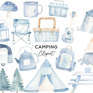 Blue Camping Clipart Bundle, Watercolor Adventure Camper Tent Campfire PNG for Boys Birthday Invitations Wall Art Digital Download