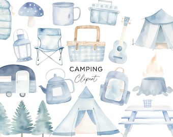 Blue Camping Clipart Bundle, Watercolor Adventure Camper Tent Campfire PNG for Boys Birthday Invitations Wall Art Digital Download