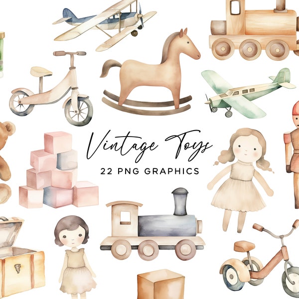 Vintage Toy Clipart Bundle - Watercolor Classic Toy Wooden Train Rocking Horse Airplane Soldier PNG for Invitations or Kids Nursery Wall Art
