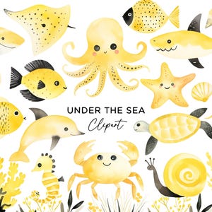 Ozean Clipart Bundle, Aquarell unter dem Meereskreaturen Tiere Strand Unterwasserkunst Schildkröte Fisch Wal Delfin PNG-Dateien Kommerzielle Nutzung