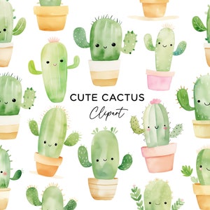 Niedliche Kaktus Clipart Bundle, glücklich lächelnde Cartoon Kawaii Kaktus Pflanzen PNG Aquarell digitaler Download kommerzielle Nutzung Clip Art Dateien