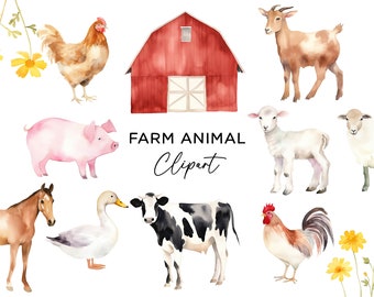 Farm Animal Clipart Bundle, Watercolor Barnyard Animals Pig Cow Horse Sheep Barn PNG Digital Download Files for Party Invitations Stickers