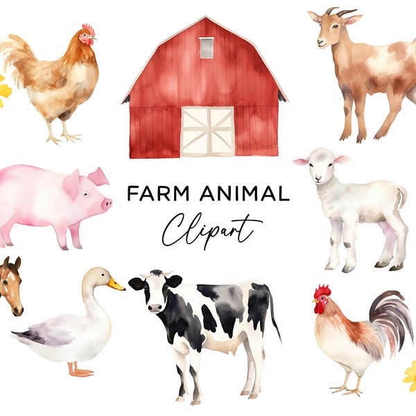 Farm Animal Clipart Bundle, Watercolor Barnyard Animals Pig Cow Horse Sheep Barn PNG Digital Download Files for Party Invitations Stickers