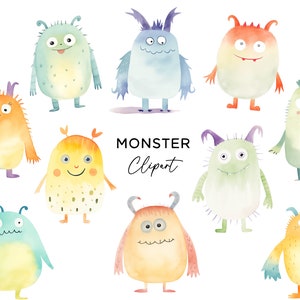Monster Clipart Bundle - Aquarell süße glücklich lächelnde Monster Emotionen PNG Clip Art für Kinder Einladungen Schule Handwerk Kinderzimmer Wandkunst