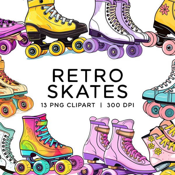 Retro Rollerskates Clipart Bundle, 90s Skates Groovy PNG Graphics Commercial Use for Birthday Invitations, Scrapbook, Planner Stickers DIY