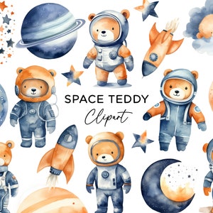Astronaut Teddy Bear Clipart, Watercolor Outer Space Galaxy Rocket Ship Planets Stars PNG Cosmic Birthday Party Wall Art Digital Download