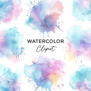Pacote de clipart aquarela - rosa azul roxo pincelada respingo mancha PNG para convites arte de parede download digital uso comercial faça você mesmo