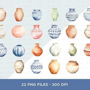 May include: A set of 22 watercolour illustrations of various pottery designs. The illustrations feature a variety of colours, patterns, and shapes, including blue, green, red, and brown. The illustrations are perfect for use in digital scrapbooking, card making, and other creative projects.