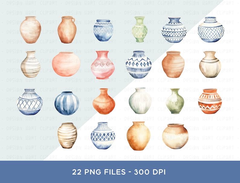 May include: A set of 22 watercolour illustrations of various pottery designs. The illustrations feature a variety of colours, patterns, and shapes, including blue, green, red, and brown. The illustrations are perfect for use in digital scrapbooking, card making, and other creative projects.