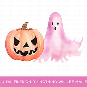 Op de afbeelding: Waterverfillustratie met een Halloween-thema. Een uitgesneden oranje pompoen met een bruine steel en een lachend gezicht staat naast een roze spook. De tekst onderaan luidt: DIGITAL FILES ONLY - NOTHING WILL BE MAILED.