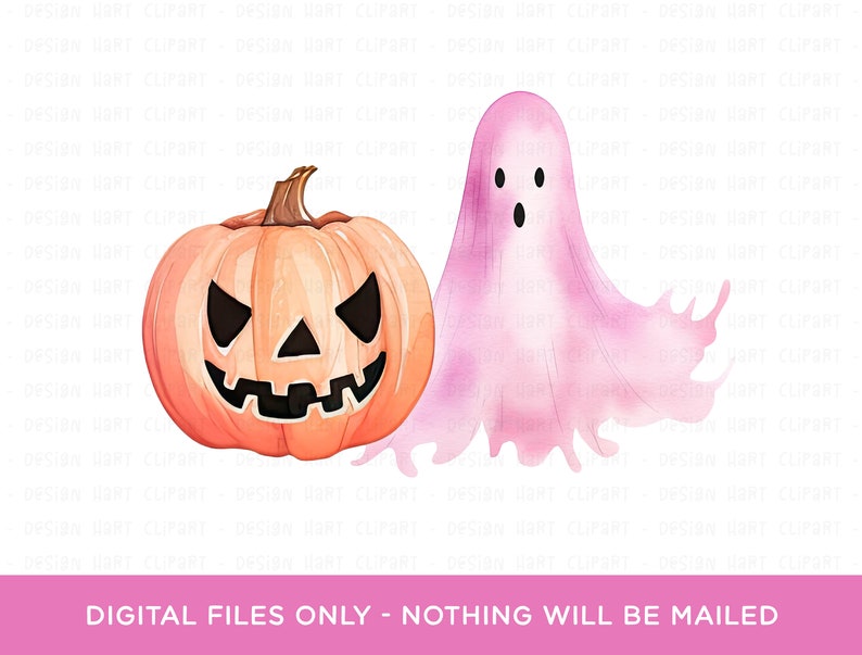 Op de afbeelding: Waterverfillustratie met een Halloween-thema. Een uitgesneden oranje pompoen met een bruine steel en een lachend gezicht staat naast een roze spook. De tekst onderaan luidt: DIGITAL FILES ONLY - NOTHING WILL BE MAILED.
