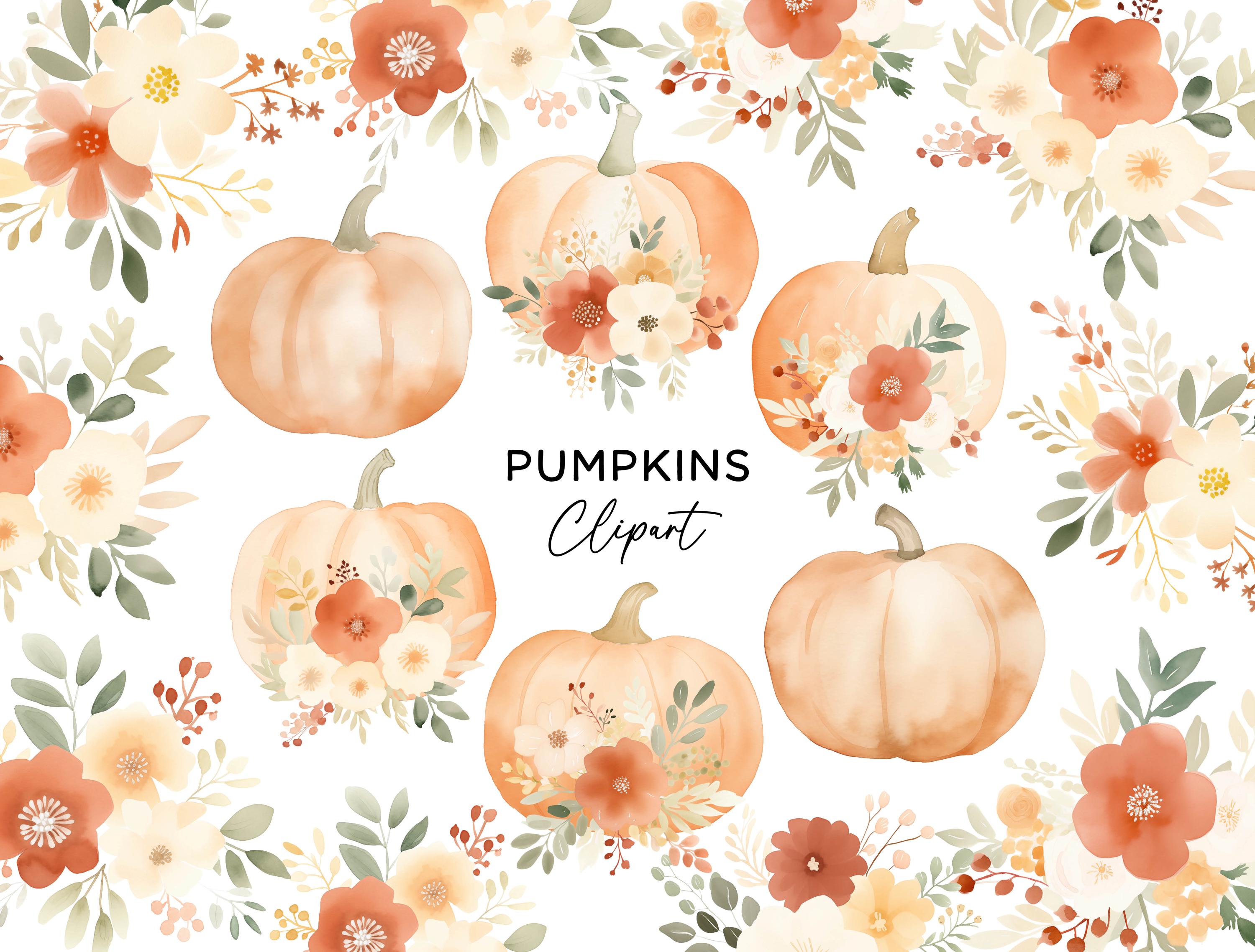 Pumpkin Clipart Bundle, PNG Graphic Digital Download Watercolor Floral ...