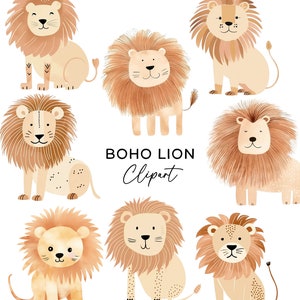 Pacote de clipart de leão - aquarela Boho Safari Zoo cabeça de leão PNG para crianças convites berçário arte de parede download digital uso comercial clipart