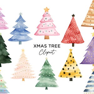 Paquete de 89 imágenes prediseñadas de árboles de Navidad, PNG, descarga digital, acuarela, árboles de Navidad coloridos para invitaciones, tarjetas, álbumes de recortes, uso comercial