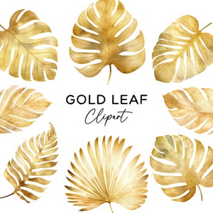 Bladgoud clipart bundel, aquarel tropische Monstera Palm metallic bladeren PNG sublimatie voor huwelijksuitnodigingen stickers scrapbooking