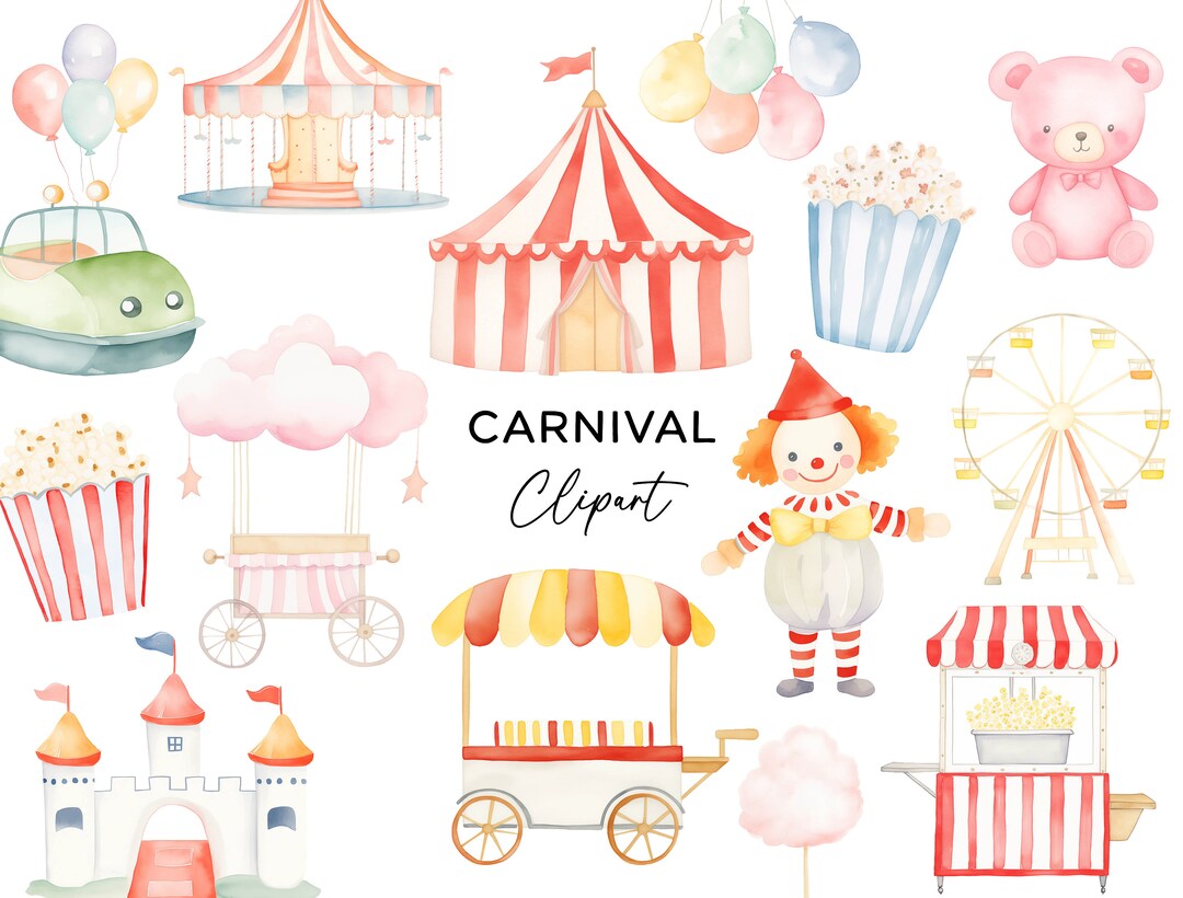 Carnival Clipart Bundle, Watercolor Circus Fair Rides Clown Fireworks ...