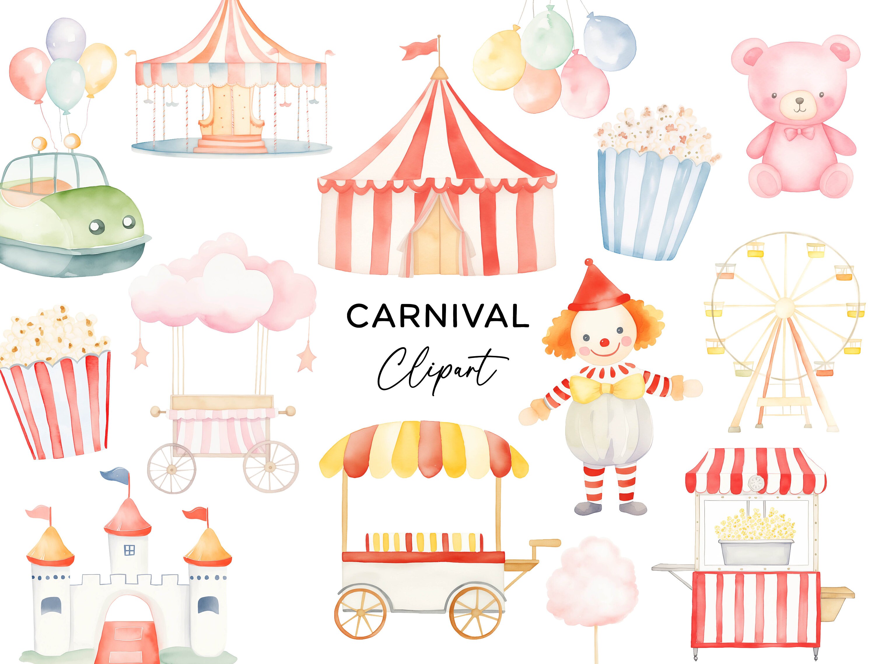 Carnival Clipart Bundle, Watercolor Circus Fair Rides Clown Fireworks ...