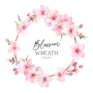 Blossom Wreath Clipart, Acquerello Cherry Pink Floral PNG Download digitale Uso commerciale Fiori primaverili botanici per inviti di nozze