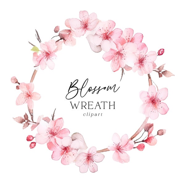 Blossom Wreath Clipart, Watercolor Cherry Pink Floral PNG Digital Download Commercial Use Botanical Spring Flowers for Wedding Invitations