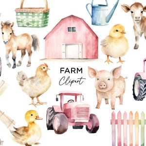 Bundle de cliparts ferme, PNG graphique en téléchargement numérique aquarelle animaux de la ferme basse-cour rose grange tracteur filles fête Invitations usage Commercial