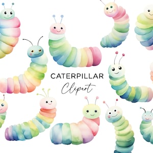 Bundle de cliparts chenille, mignon arc-en-ciel bug chenilles aquarelle PNG pour enfants fête d'anniversaire Invitations cartes de voeux art mural chambre d'enfant