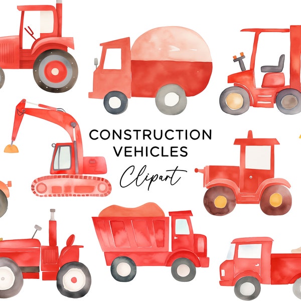 Construction Vehicle Clipart Bundle, Watercolor PNG Digital Download Digger Excavator Dump Truck Cement Mixer Forklift Tractor Red Kids