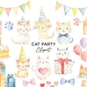 Bundle de cliparts fête animaux chat, PNG aquarelle chaton chatons décorations d'anniversaire ballons chapeaux pour enfants Invitations usage commercial