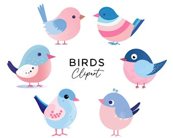 Bird Clipart Bundle - Watercolor Cute Pastel Colorful Blue & Pink Birds PNG - For Kids Crafts Invitations Stickers Scrapbooking Clip Art