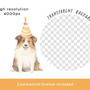 May include: Watercolor illustration of a happy dog wearing a party hat with a star. The dog has brown, white, and tan fur. Text includes "High resolution 4000px", "Transparent background", and "Commercial license included".